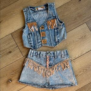Vtg Toddler Girl's Denim Vest Skirt Set Size 3T Western Cowgirl Fringe Dijon